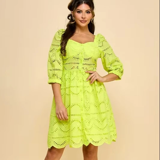 Ladies' 100% Cotton Casual Comfortable Dress With Natural Waistline Woven And Embroidered Mesh