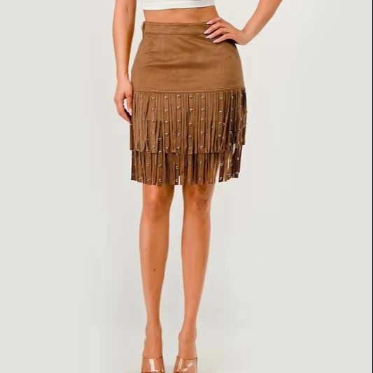 Women's Punk Western Style Skirt Autumn Season Subculture Suede With Shiny Fringe And Rivets Soft And Comfortable