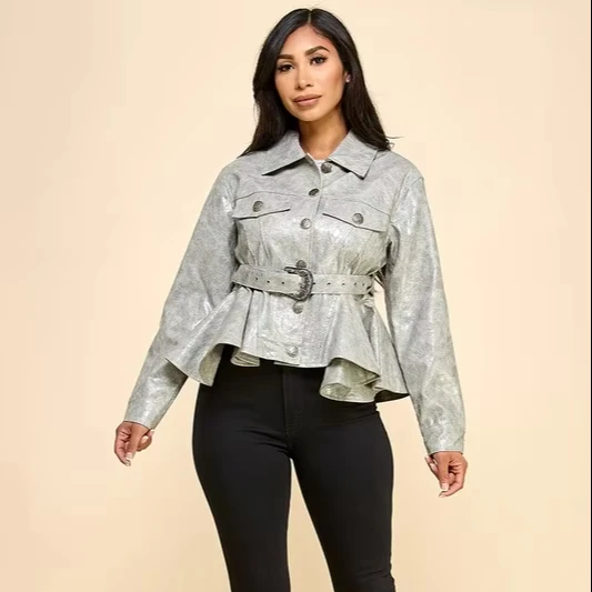 Hot Women's Tight Waist Pu Leather Jacket Lapel Single-breasted Ruffled Hem Fashion Jacket