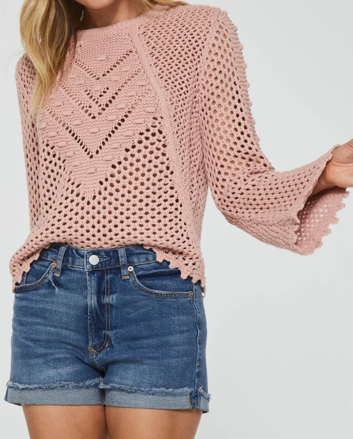 Women's Lotus Root Pink Long Sleeve Hollow Sweater Breathable Geometric Pattern Winter & Fall Leisure Outgoi