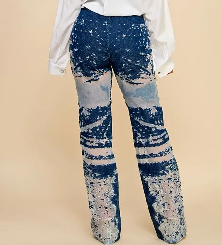 Women's Loose Denim Trousers Burned Flower Embellishment Y2k Style Casual Straight Festival Fashion For Music Parties Waist Logo