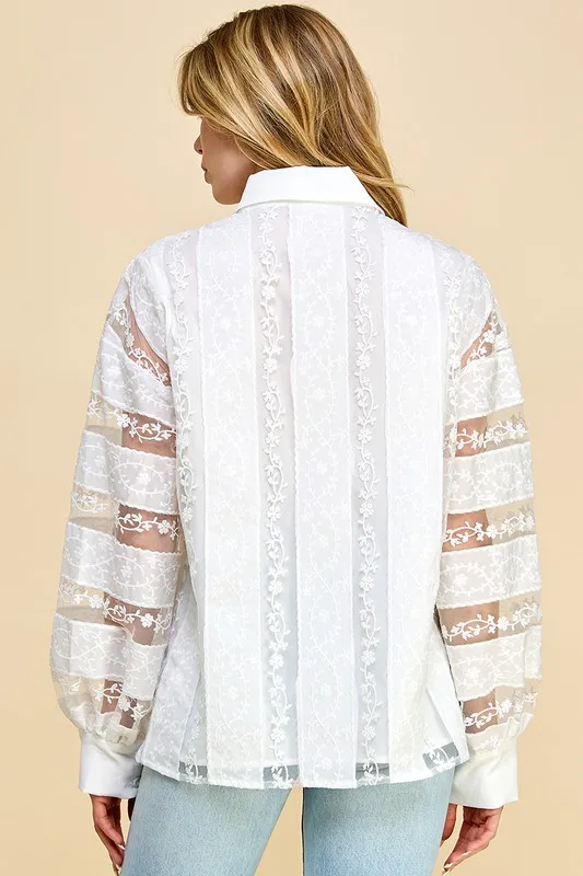 Women's Button-down Blouse With Sheer Lace Panel & Long Puff Sleeves Casual Outings Perfect Shirt