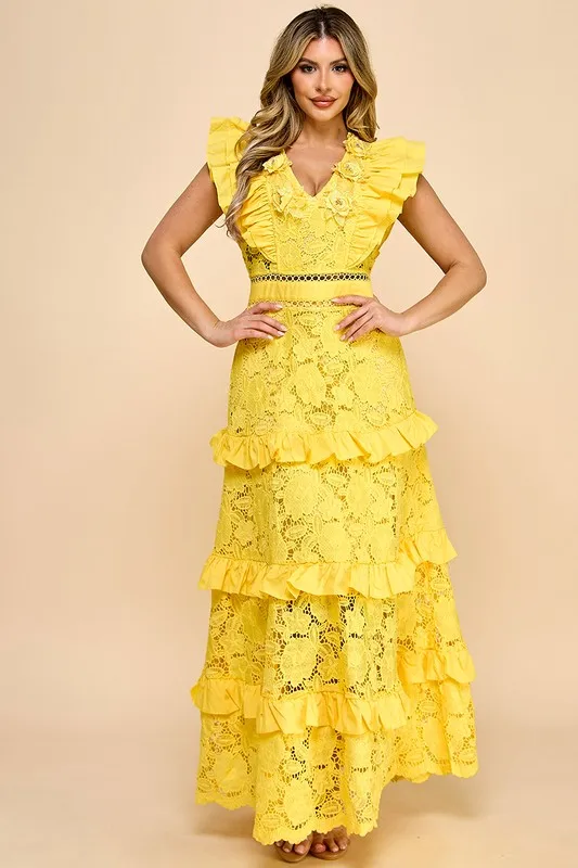 Women's Tiered Ruffle Lace Dress - V - Neck, Layered Frills, Ideal For Garden Parties