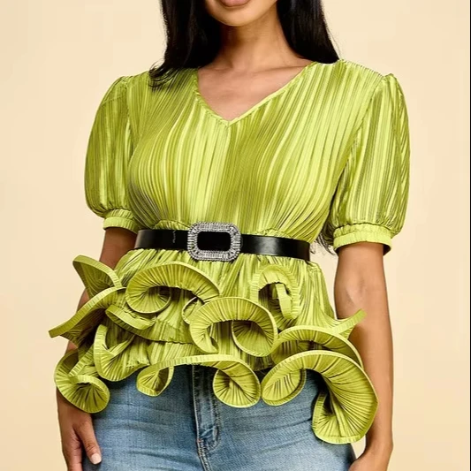 Women's Cute Vintage Summer Woven Satin Tunic Top Full-piece Pleated Ruffled Puffy Sleeves Party Belt For Parties Casual Wear