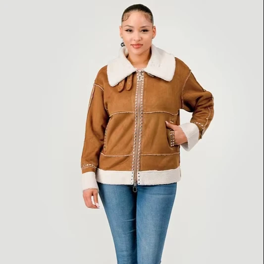 Women's Western Retro Suede Lamb Wool Composite Stitching Jacket Metal Hot Piece Suitable For Motorcycle Style Fashion Wear