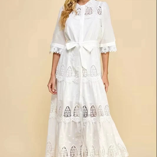 Women's Boho Embroidered Dress - White Lace, Shirt Collar, Tiered Skirt