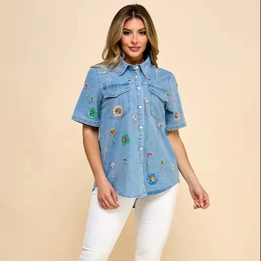 Ladies' Heavy-duty Chain Sequin Denim Short-sleeve Shirt Hand-stitched Casual Style For Summer