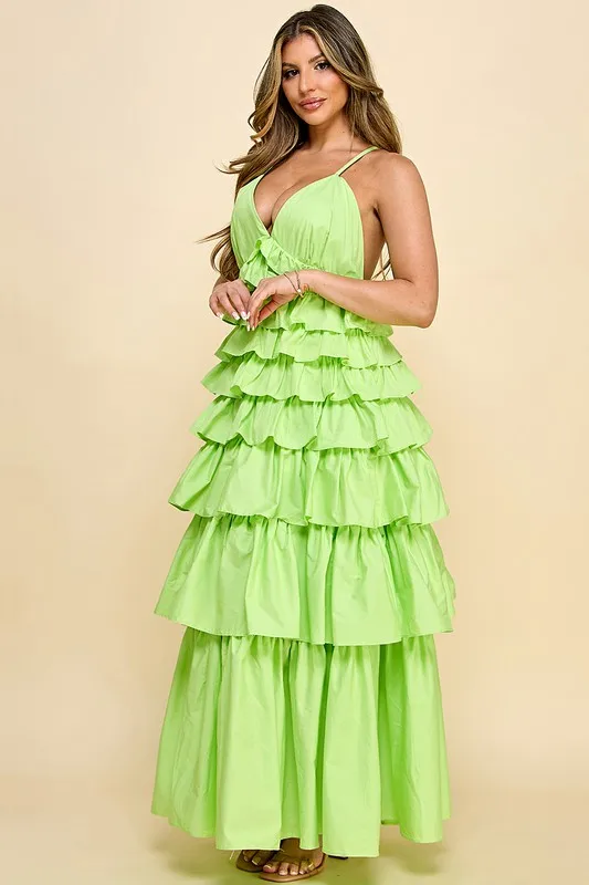 Elegant Women's Sleeveless Dress V-neck Tiered Ruffles For Ladies Casual Sweet Style For Day Occasions For Spring Summer Galas