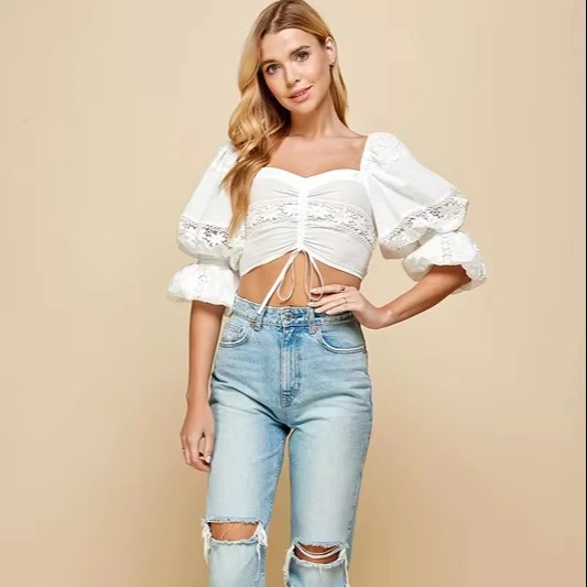 Women's Lace - Trimmed Puff - Sleeve Crop Top - Drawstring Front, Sweetheart Neck, Ideal For Casual Outings