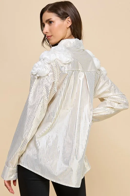 Ladies Striped Shirt With Floral Shoulder Decorations
