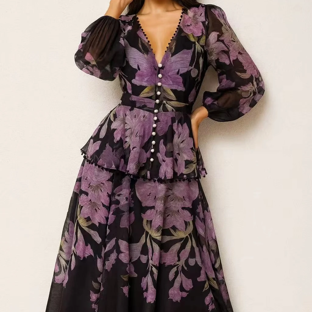 Aady's Vintage Elegant Floral Print Set Long Daily Wear Tops With Button Decoration