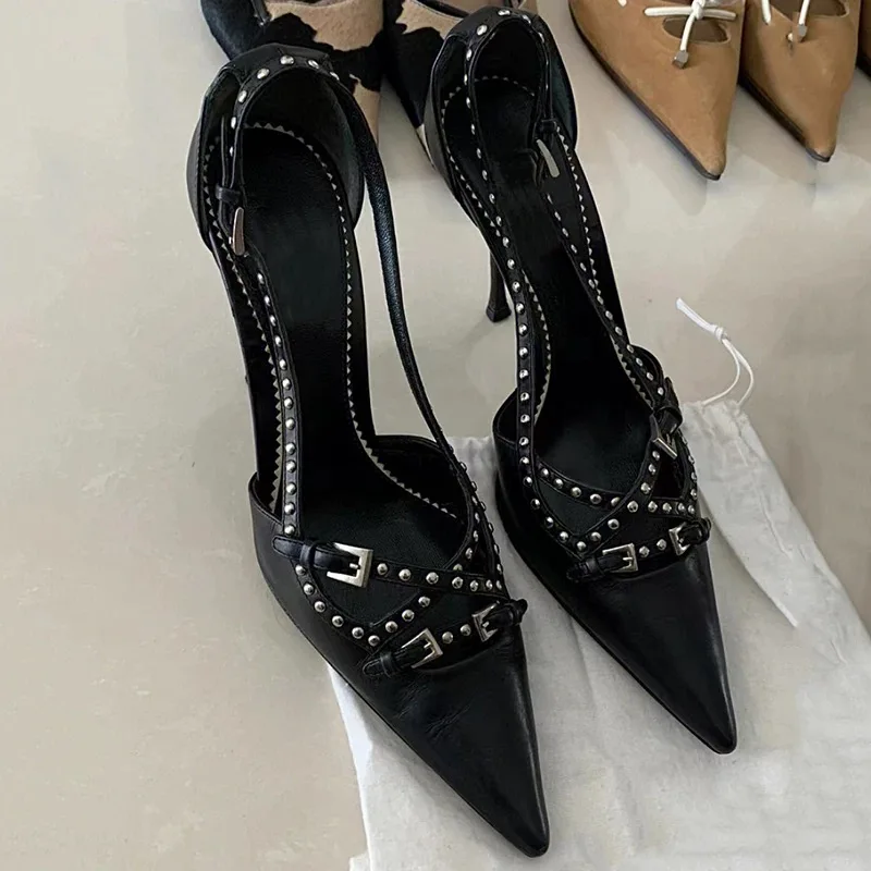 Ladies Pump Shoes Pointed Toe Stiletto Black Straps Rivet 10 Cm Heel Women's High Heel Shoes