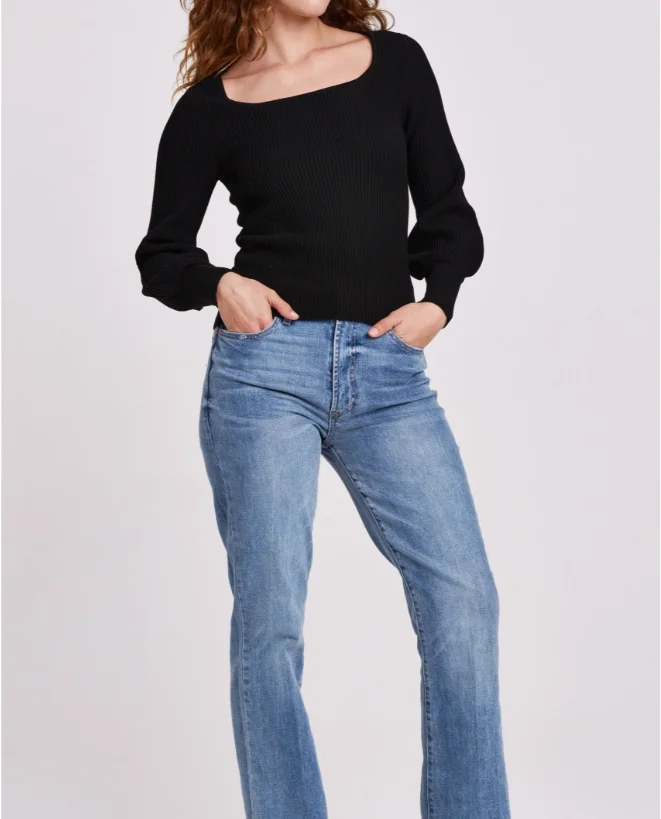 Women's Square Collar Black Sweater Top-lantern Balloon Sleeves, Cuff Sleeves, Suitable For Daily Wear And Casual Outings