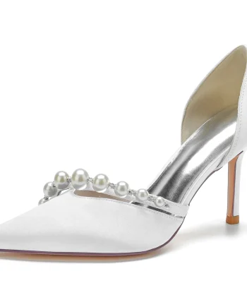 Oem&Bridal Pumps White Satin Pearl Rhinestone Stiletto Heel Sandals Women Peals Wedding Shoes For Brides