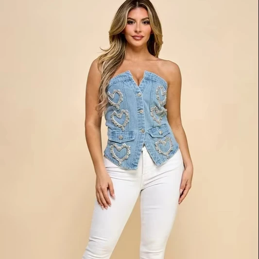 Women's Love Decorative Denim Top-tube Top Breasted Design Back Smocking Button Washed Technique Sexy For Summer Fashion Parties