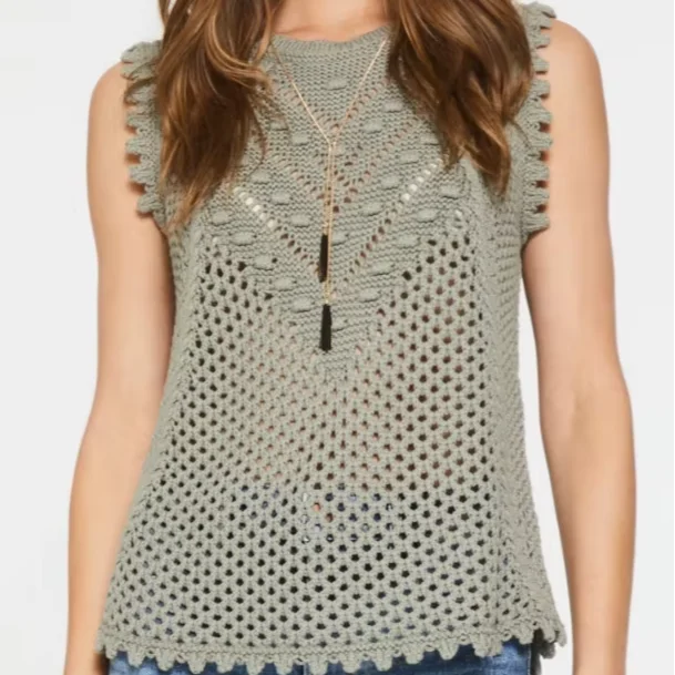 Women's Army Green Sleeveless Sweater Top Hollow Scallop-shaped Edge Decoration Thin Geometric Pattern For Summer Daily Wear
