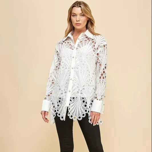 Women's Sexy Summer Woven Lace Shirt With Shirt Collar Long Sleeves Openwork Details & Button-down For Daily Wear