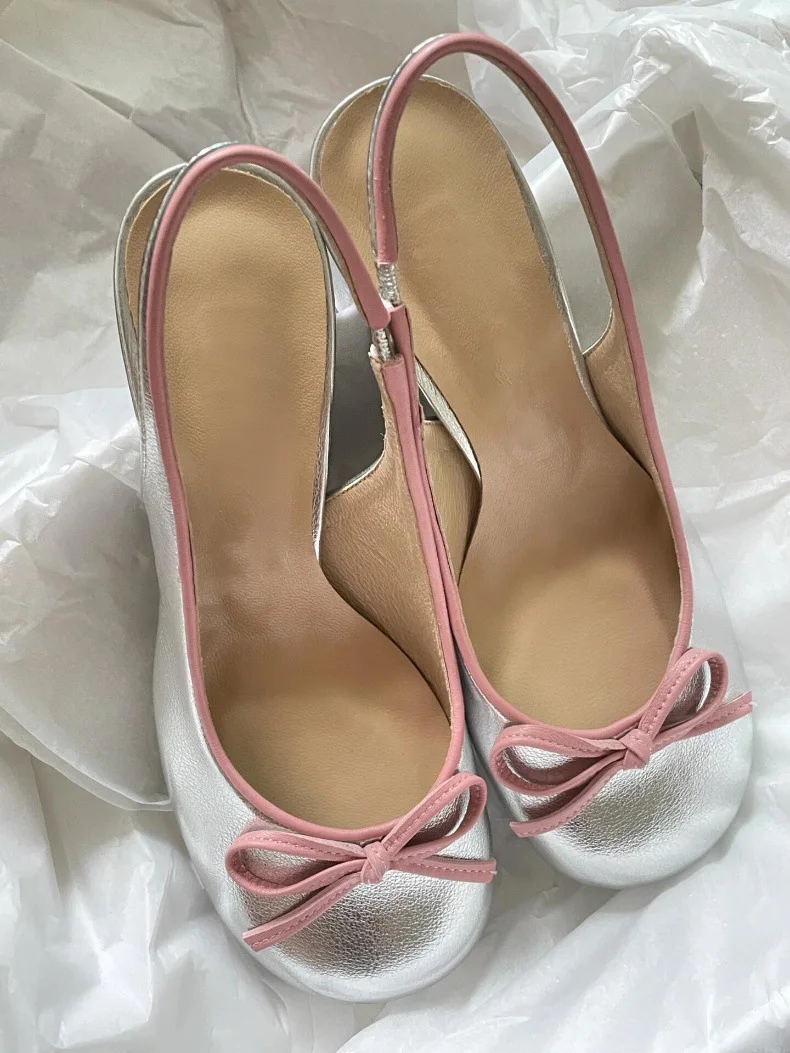 Fashion Ladies Sheep Leather Silver Slingback Pumps Round Toe Elegant Chunky Heels Women High Heels