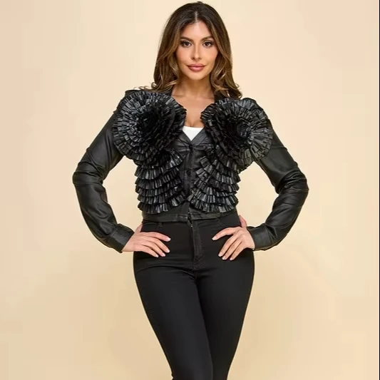 Women's 3d Petal Decal Metallic Coated Fabric Short Jacket Fit Full-dark Romantic Party & Night Wear
