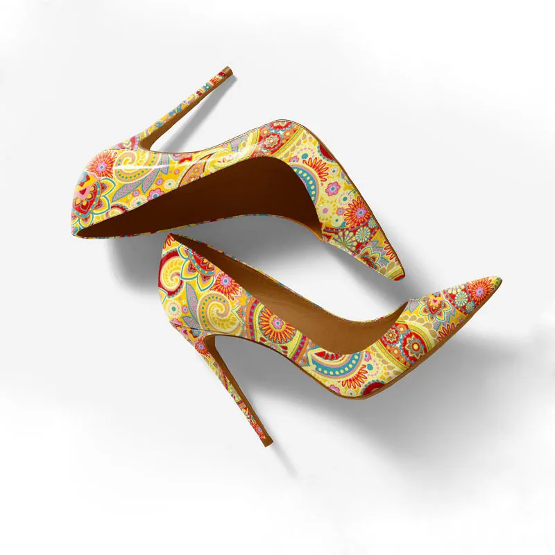 3d Printed Shoes Size 45 Pointed Toe 12 Cm Cashew Flowers Ladies High Heeled Pumps