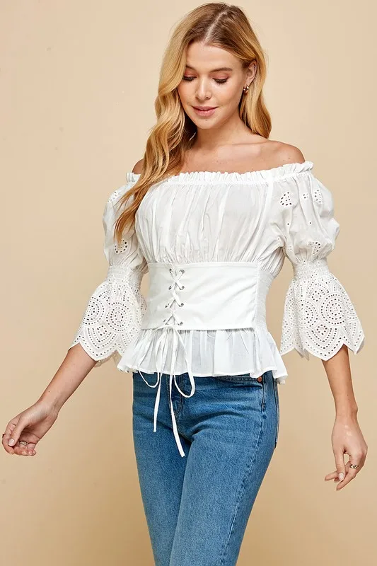 Women's White Off - Shoulder Eyelet Top With Corset - Puff Sleeves, Ruffled Hem, Ideal For Party Gatherings