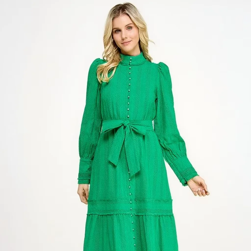 Chic Graceful Long Sleeve Maxi Dress For Women 100% Cotton Sustainable Elegant High Waist Lace & Button Design Modest Party