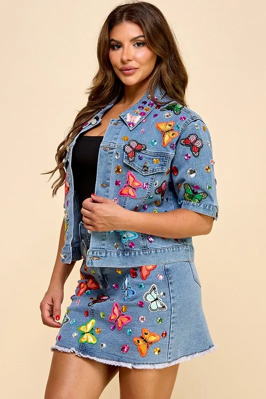 Women's Cute Embellished Denim Summer Suit Skinny Short Jacket & Skirt With Butterfly Decal For Music Festival Vacation Travel