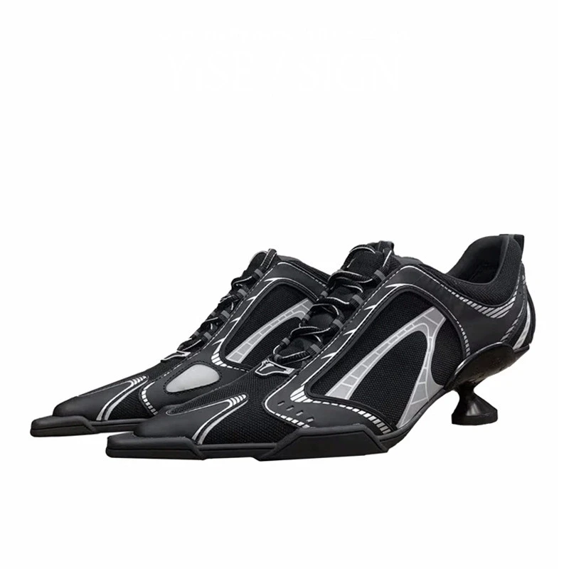 Fashion Pointed Toe Black Sports Style Mesh Breathable Ballet Casual Lace-up Women High Heels Pumps