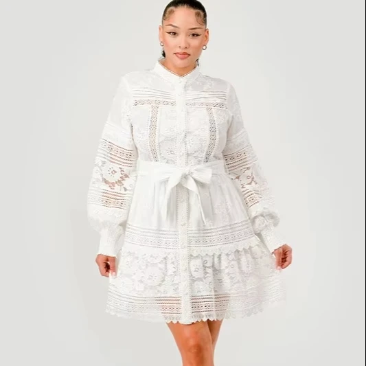Women's Explosive White Lace Dress Stand Collar Lantern Sleeve Waist Lace-up Suitable For Shopping Travel Fashion No-use