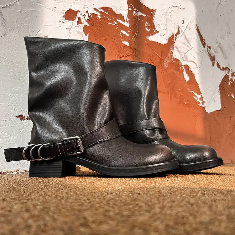 2024 Winter Cowhide Mid Calf Boots Vintage Genuine Leather Loose Fit 4.5cm Block Heel Women Western Boots