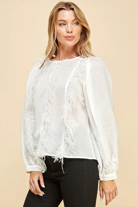 Women's White Feather - Trimmed Blouse - Lantern Sleeves, Elegant Style, Ideal For Party Gatherings