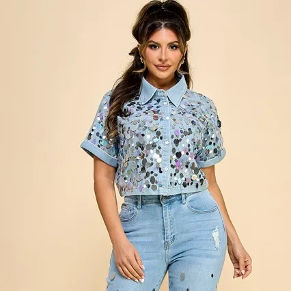 Women's Stylish Thin Short Denim Jacket For Autumn Trendy Design Densely Adorned Sparkly Sequins Woven Fabric
