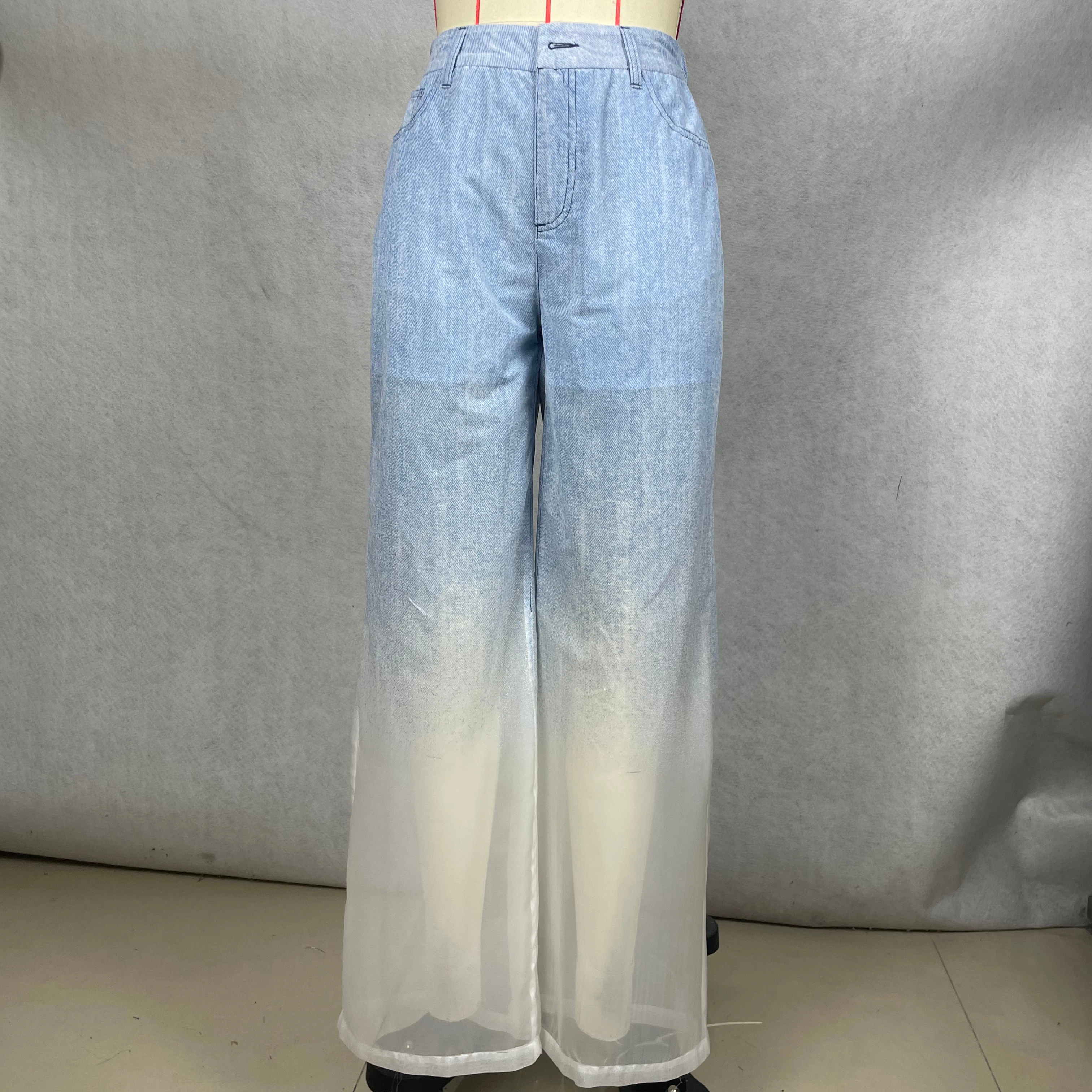 Women's Gradient Wide Leg Pants Chiffon Yarn Denim Flocking Perspective Legs For Casual Outings In Spring