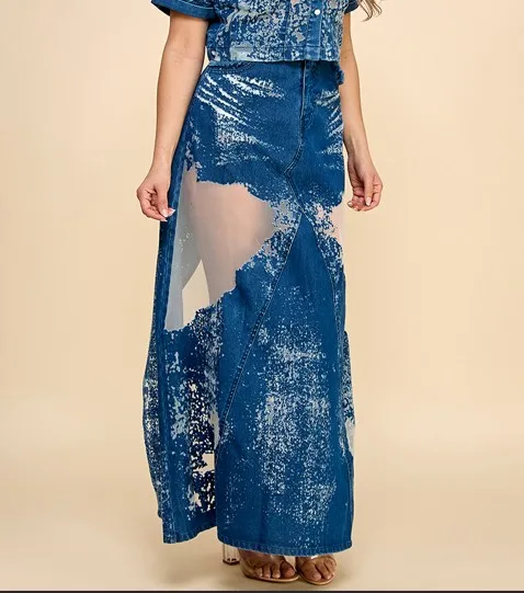 Elegant Avant-garde Burning Flower Denim Long Skirt For Women Ladies Skirt