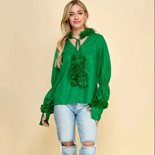 Ladies Romantic Flower Blouse-bubble Sleeve, Collar With 3d Flower Lace Decoration, Suitable For Travel And Vacation